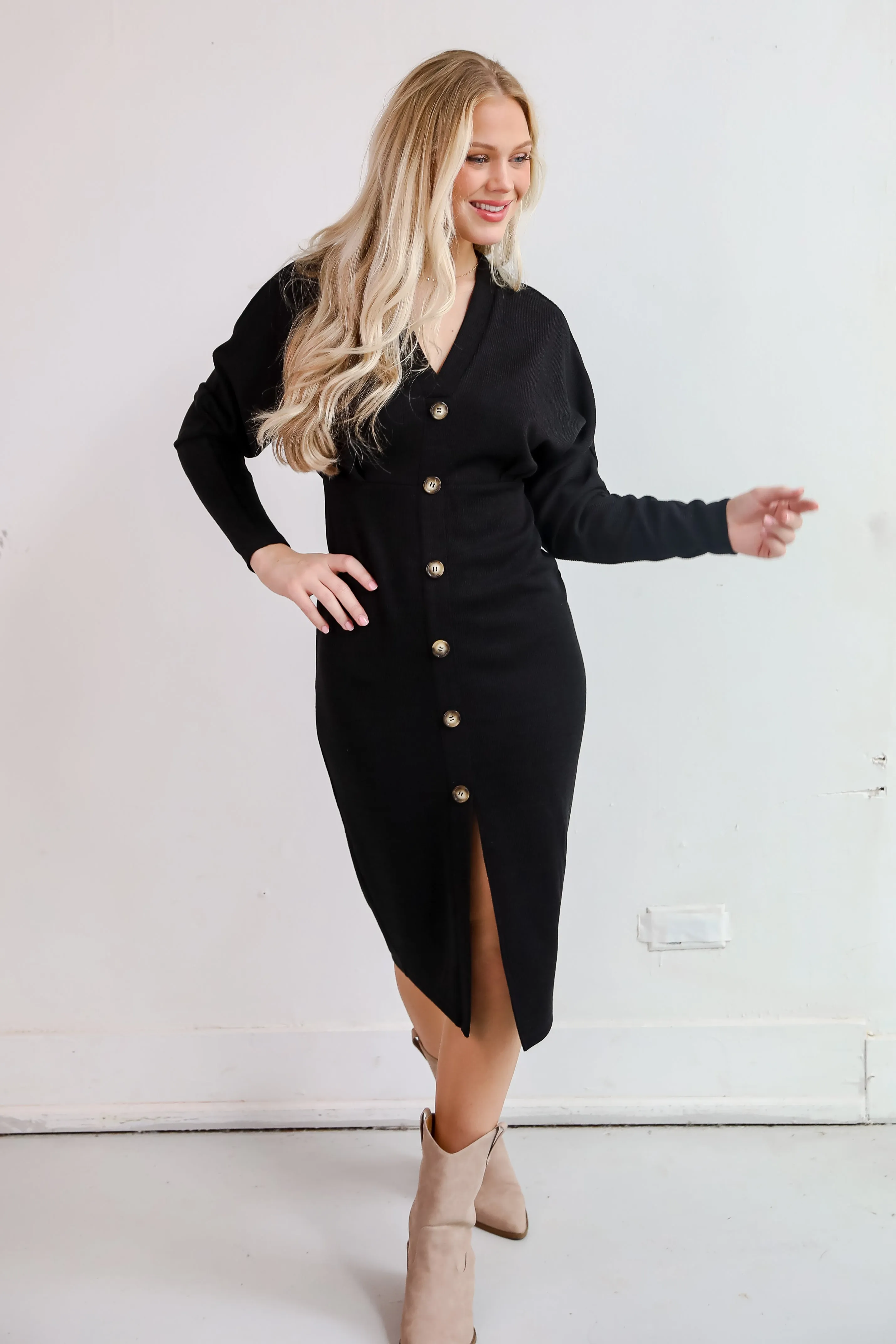 FINAL SALE - Exemplary Allure Black Ribbed Knit Midi Dress