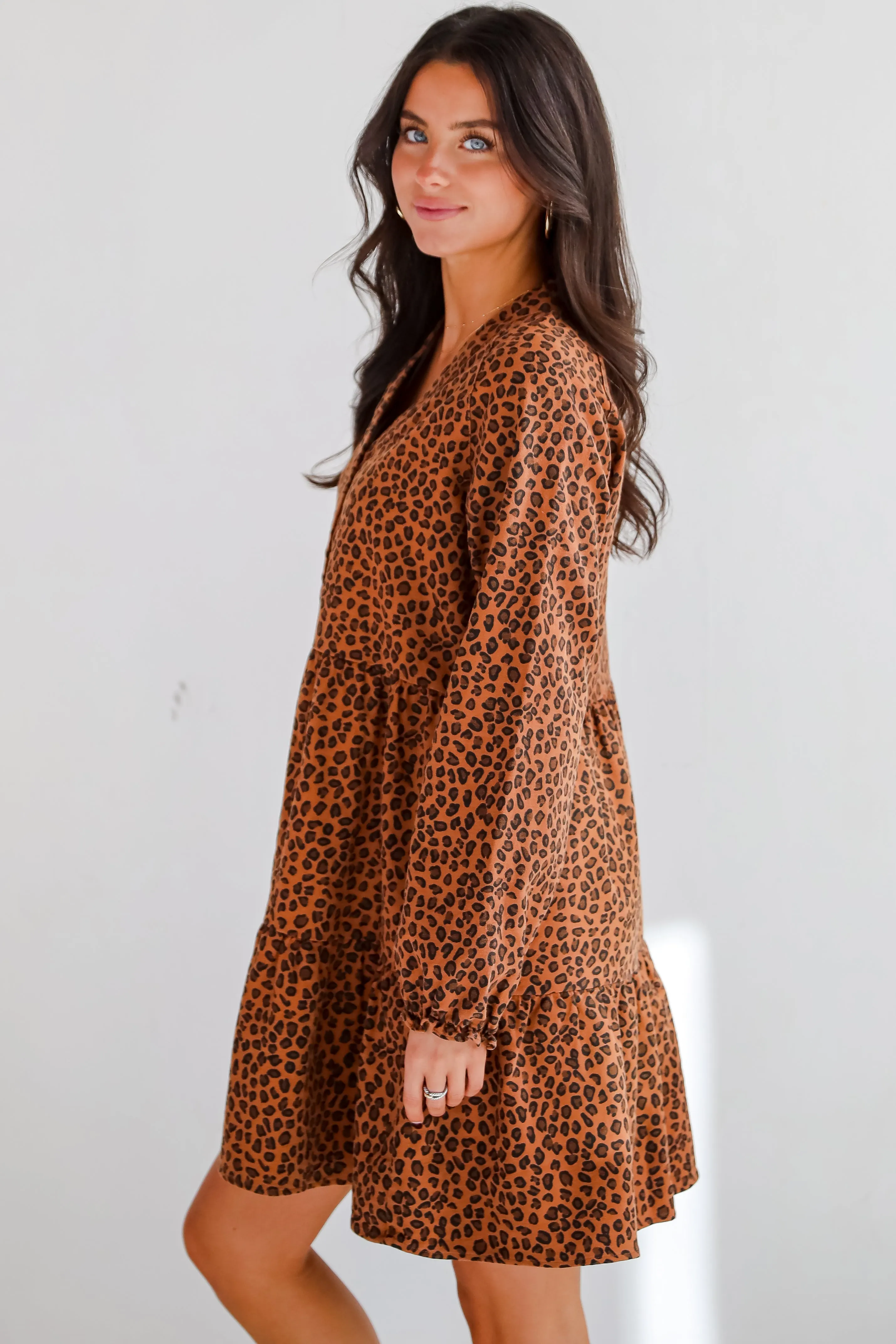 FINAL SALE - Fierce Charm Camel Leopard Tiered Mini Dress