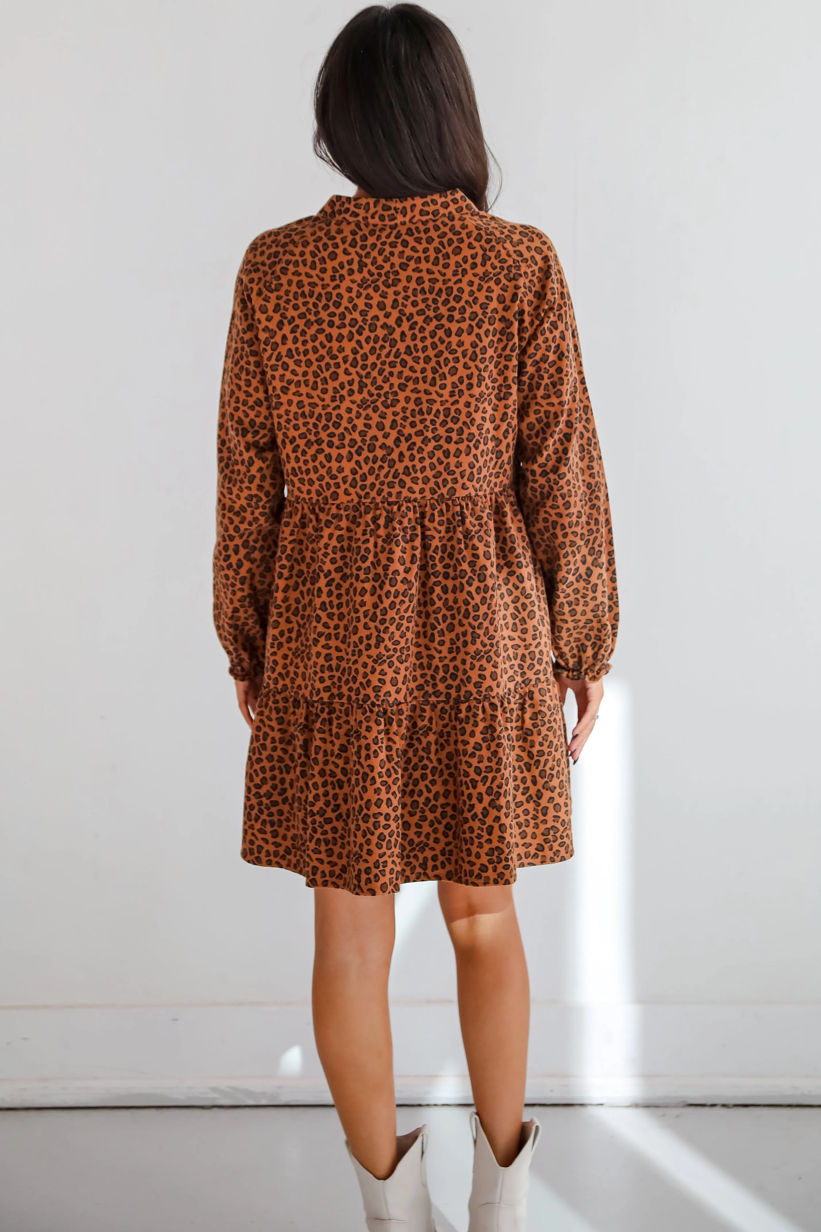 FINAL SALE - Fierce Charm Camel Leopard Tiered Mini Dress