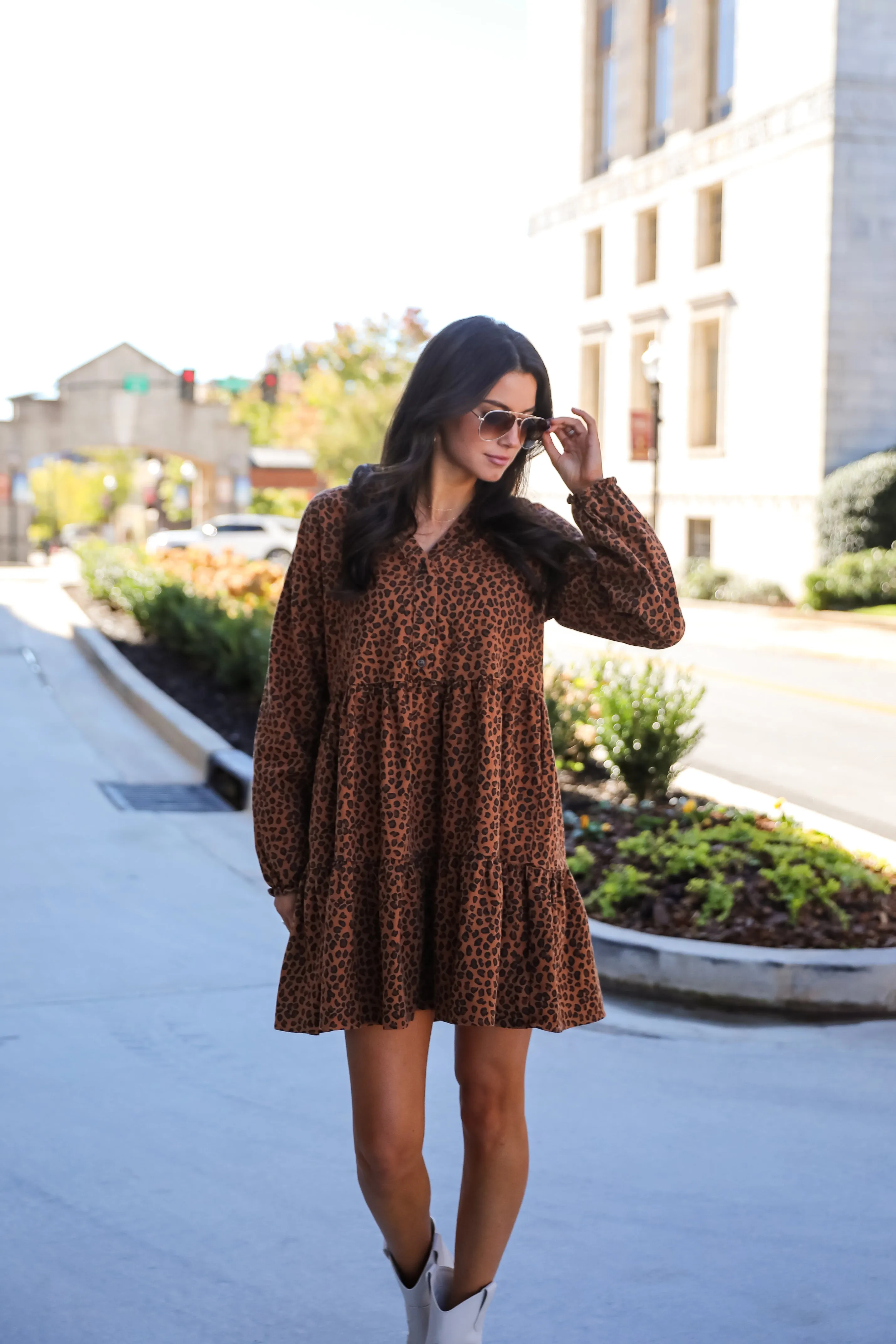 FINAL SALE - Fierce Charm Camel Leopard Tiered Mini Dress
