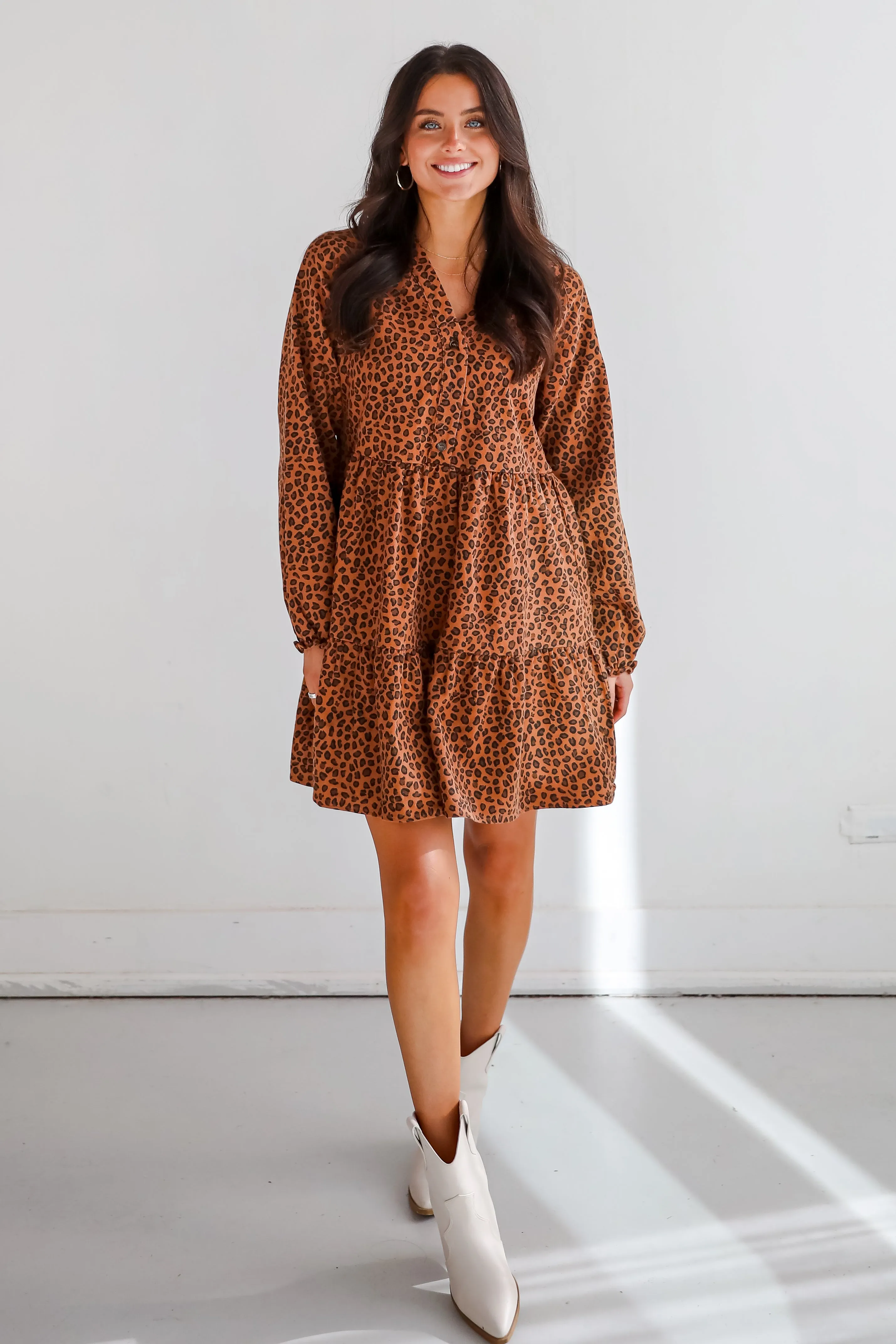FINAL SALE - Fierce Charm Camel Leopard Tiered Mini Dress