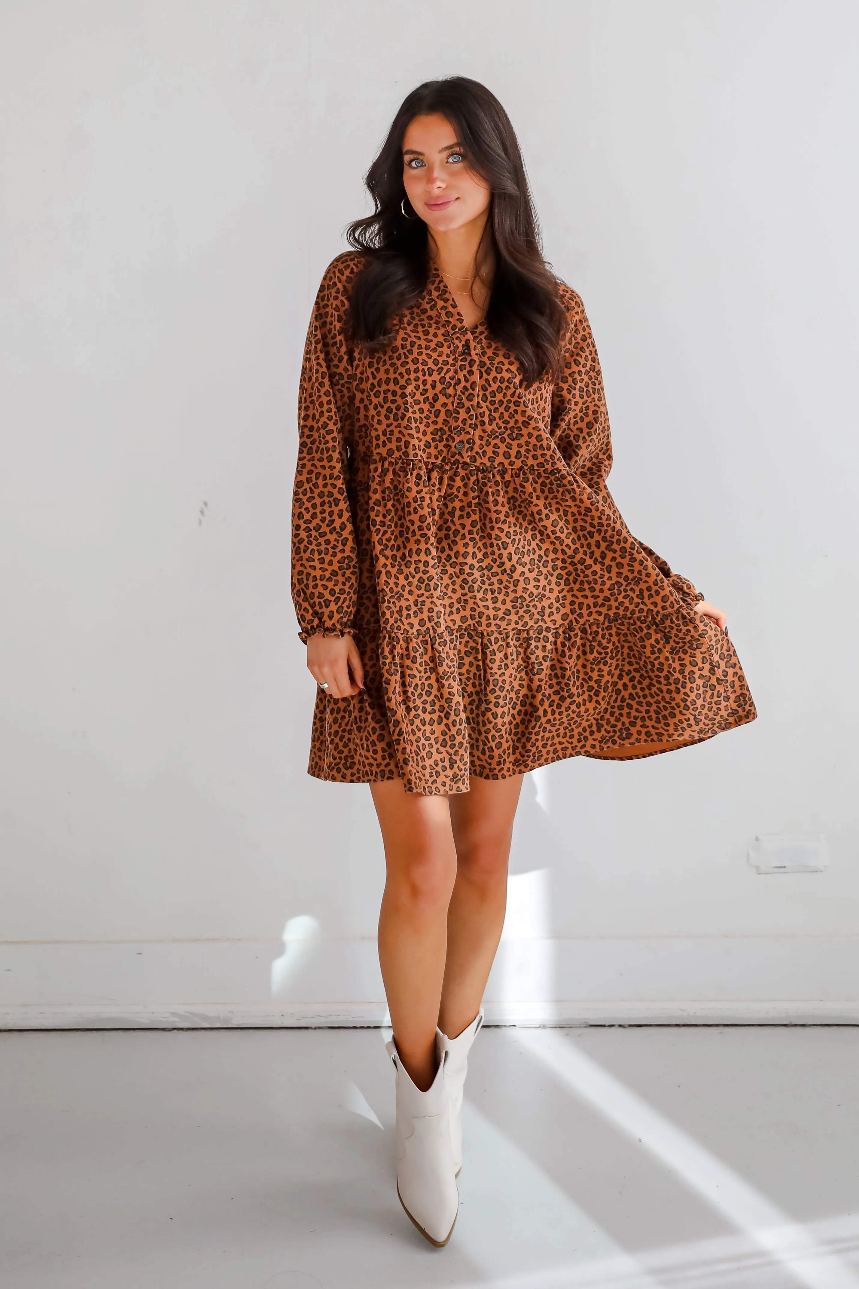 FINAL SALE - Fierce Charm Camel Leopard Tiered Mini Dress