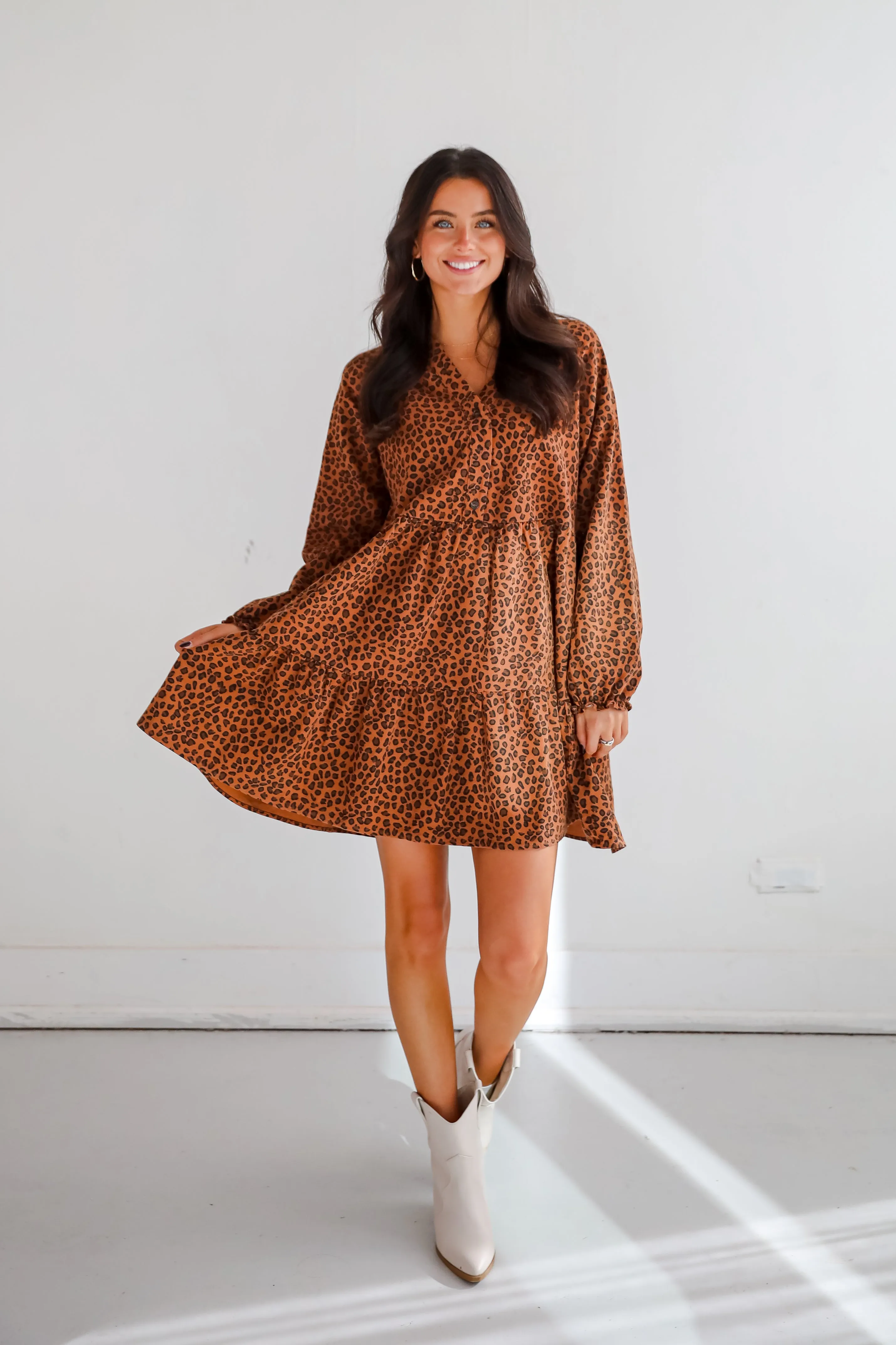 FINAL SALE - Fierce Charm Camel Leopard Tiered Mini Dress