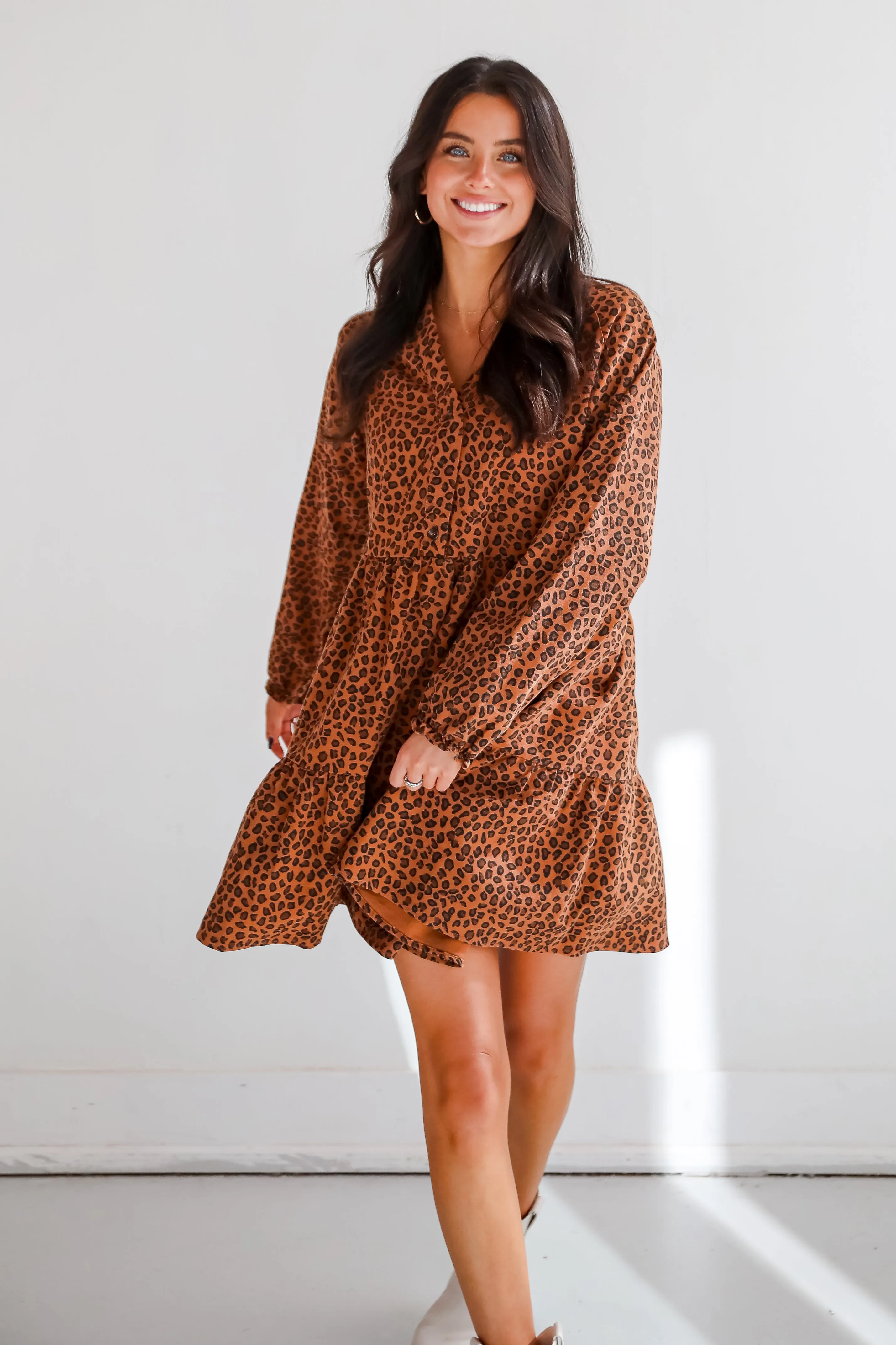FINAL SALE - Fierce Charm Camel Leopard Tiered Mini Dress