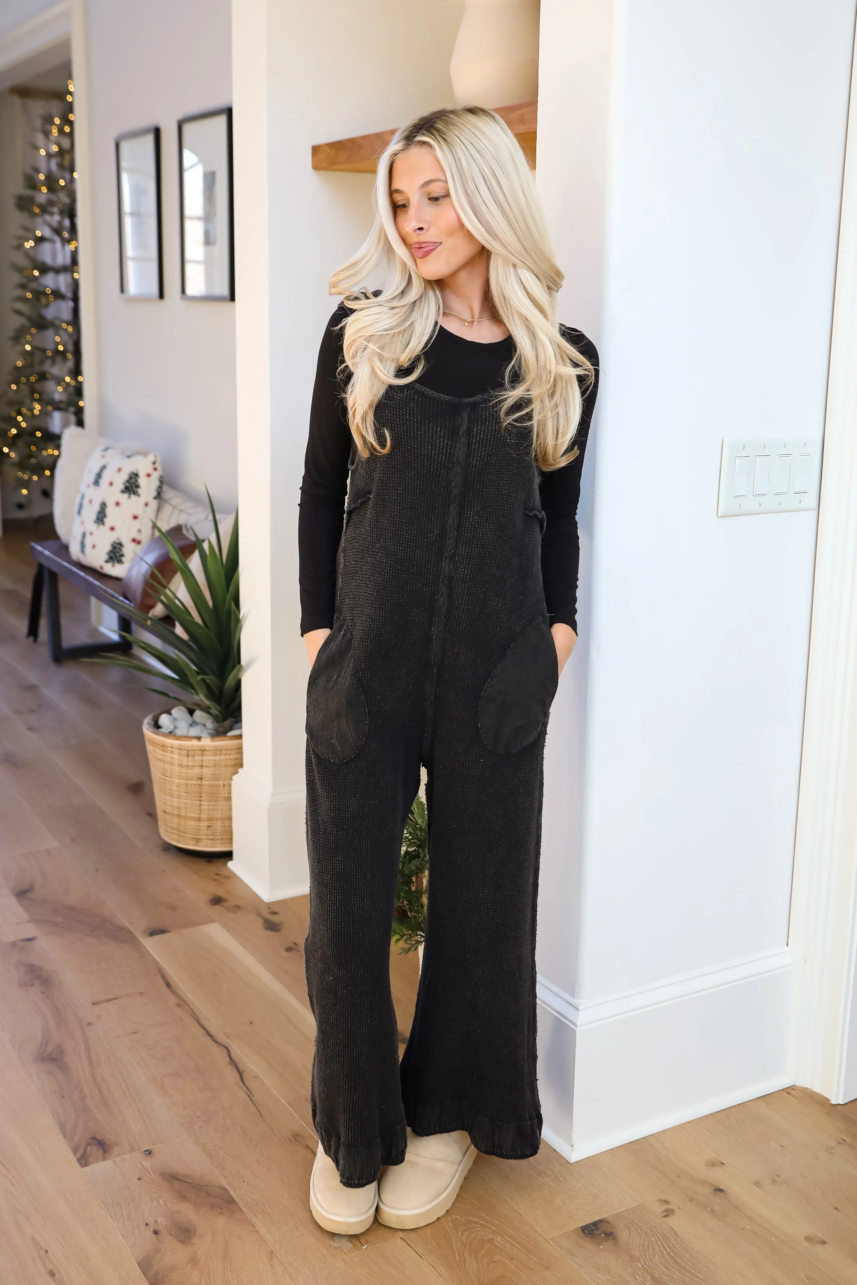 FINAL SALE - Impressively Popular Black Waffle Knit Jumpsuit