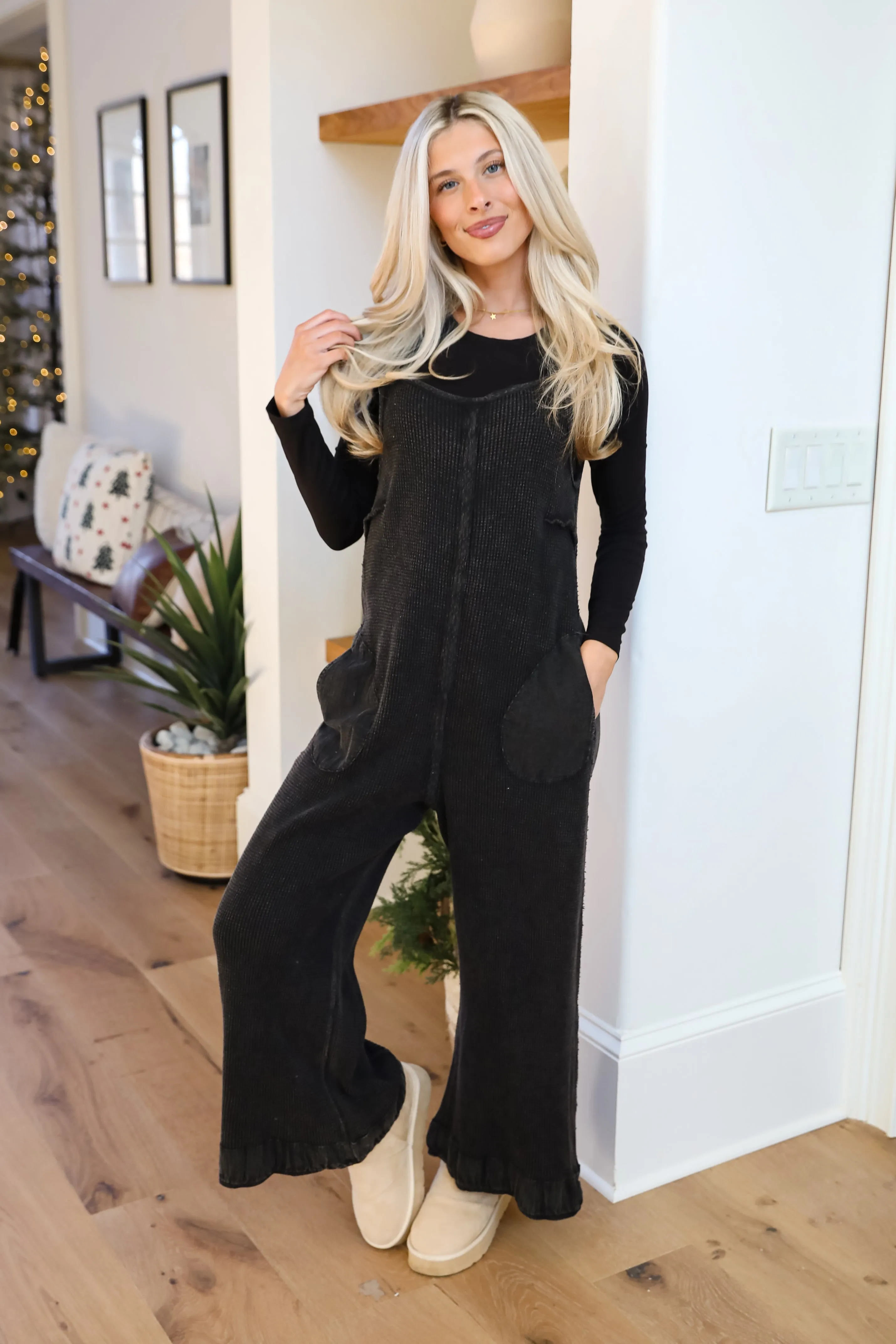 FINAL SALE - Impressively Popular Black Waffle Knit Jumpsuit