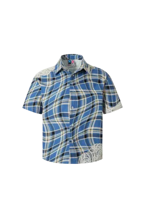 Plaid Lace Stitching Trendy Loose Short-Sleeved Shirt