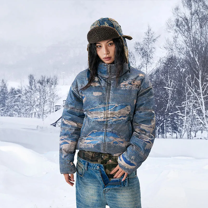“Ragged Oil” Ragged Printed Denim White Duck Down Jacket