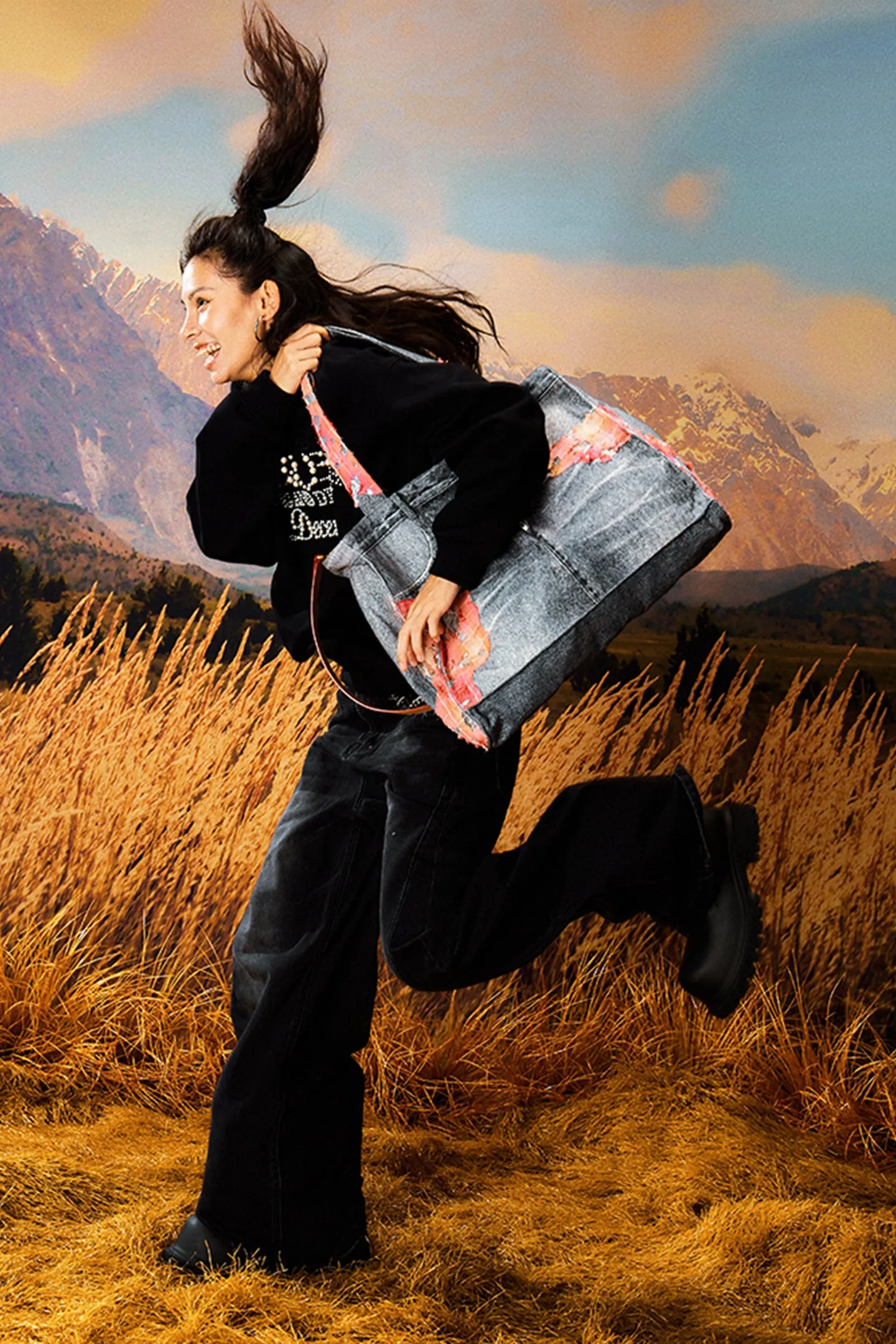 Sunset Cloud Lace Denim Tote Bag