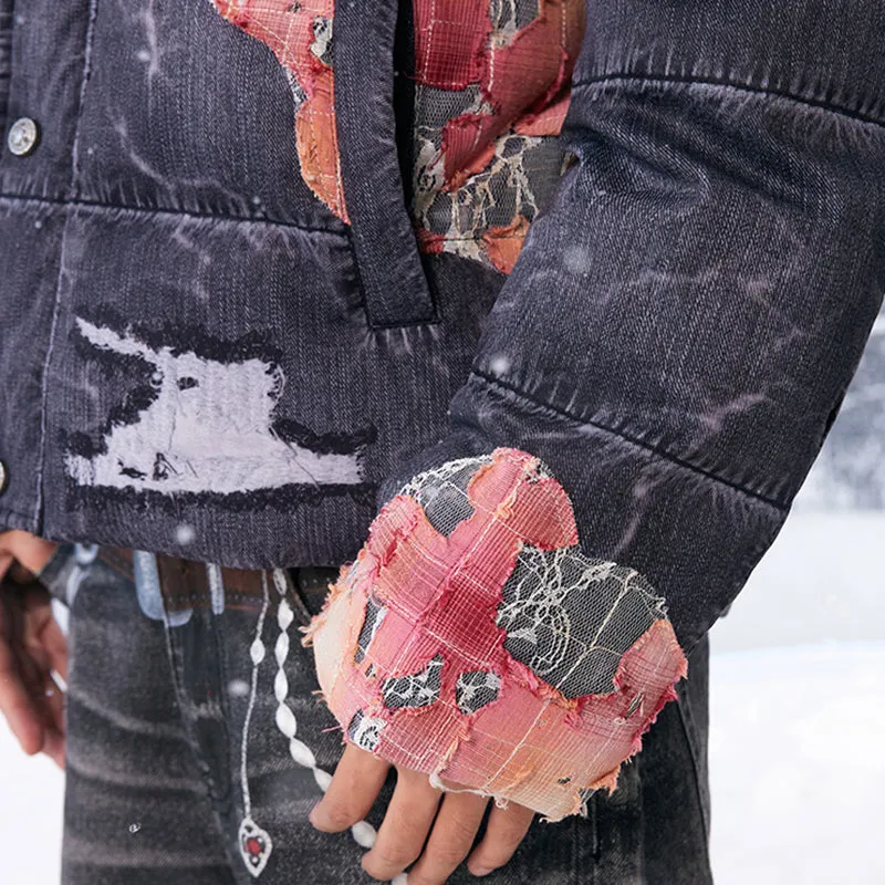 Sunset Lace Applique Embroidery 3D Printed Denim Down Jacket