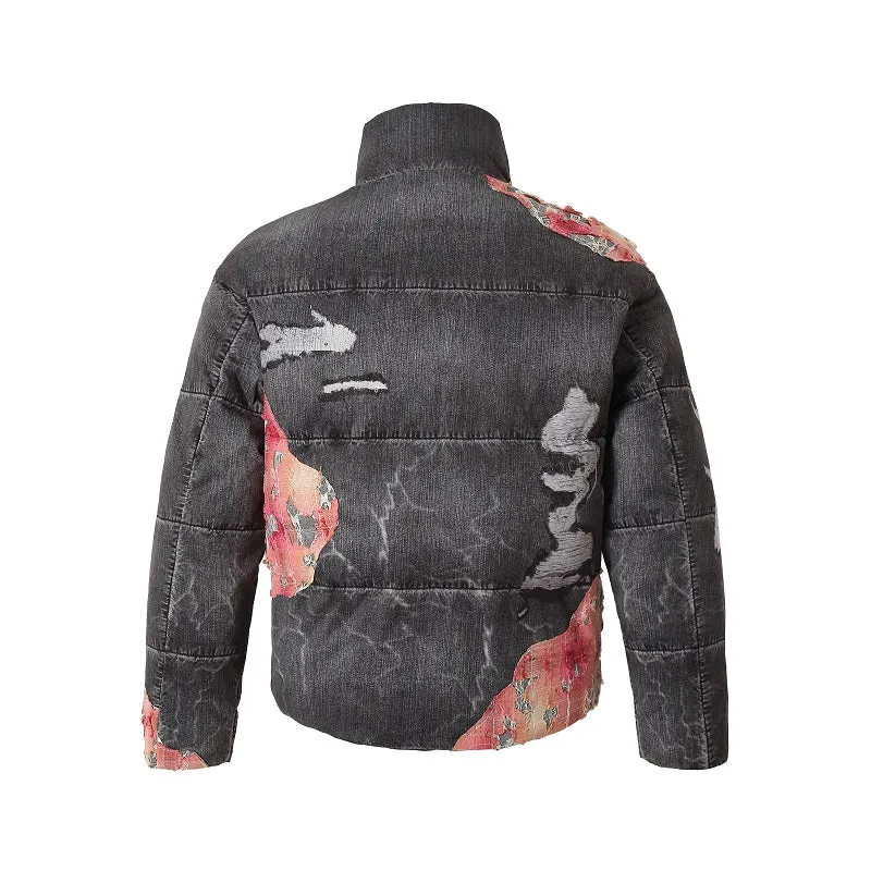 Sunset Lace Applique Embroidery 3D Printed Denim Down Jacket