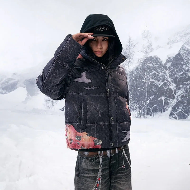 Sunset Lace Applique Embroidery 3D Printed Denim Down Jacket