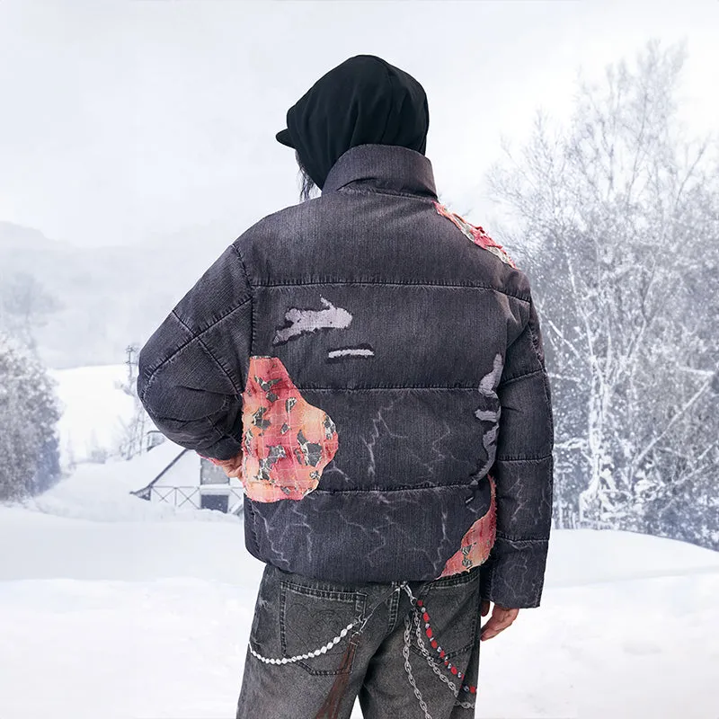 Sunset Lace Applique Embroidery 3D Printed Denim Down Jacket